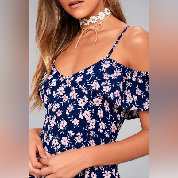 Catching Glances Navy Blue Floral Print Off-the-Shoulder Dress size XS - Picture 4 of 5